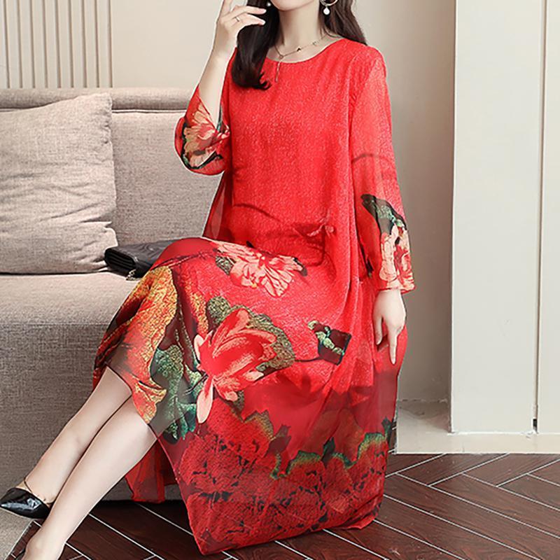 Ladies Fashion Floral Asymmetrical Midi Long Sleeve Dress