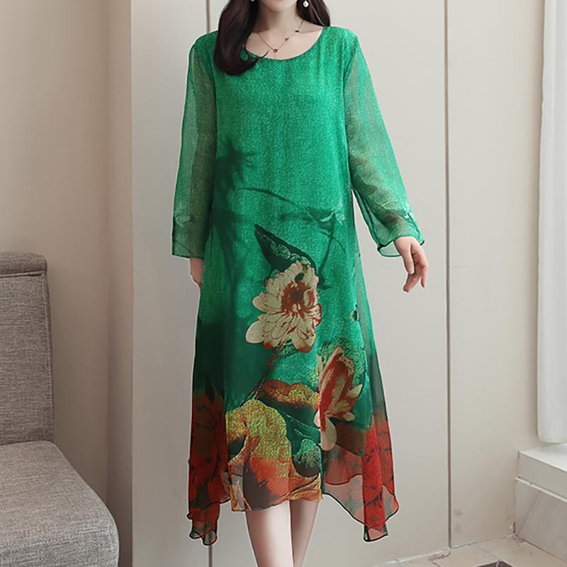 Ladies Fashion Floral Asymmetrical Midi Long Sleeve Dress