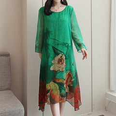 Ladies Fashion Floral Asymmetrical Midi Long Sleeve Dress