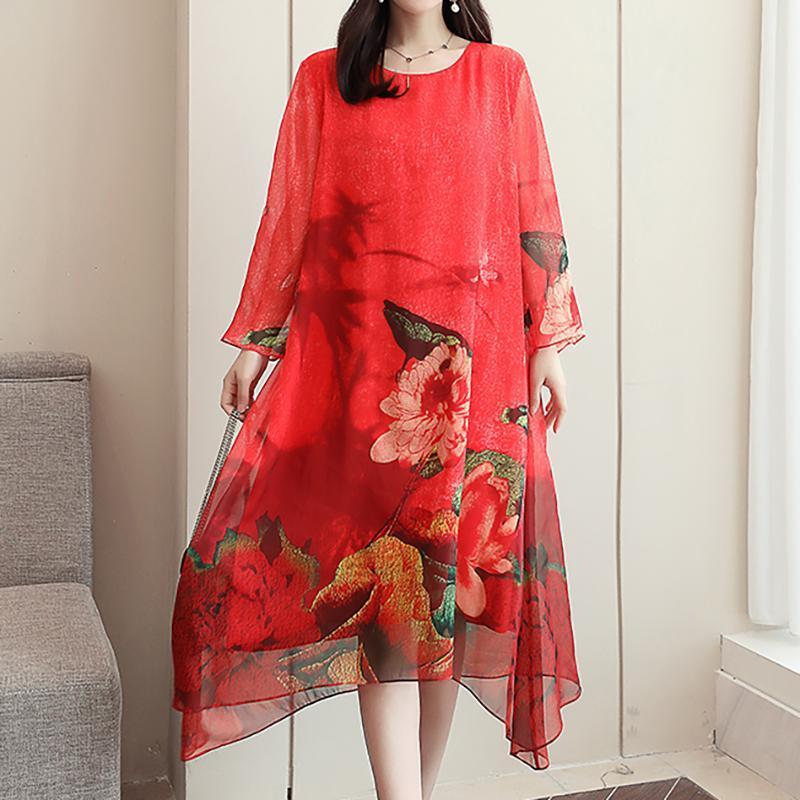 Ladies Fashion Floral Asymmetrical Midi Long Sleeve Dress