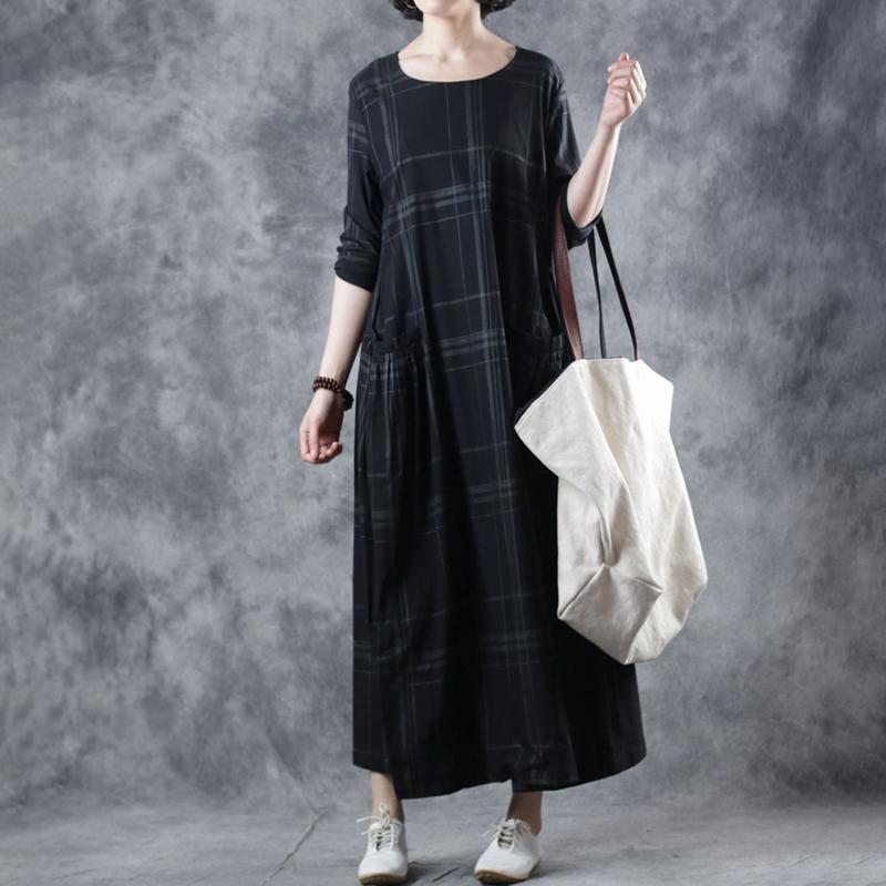 Literary Travel Striped Plaid Maxi Long Sleeve Dress