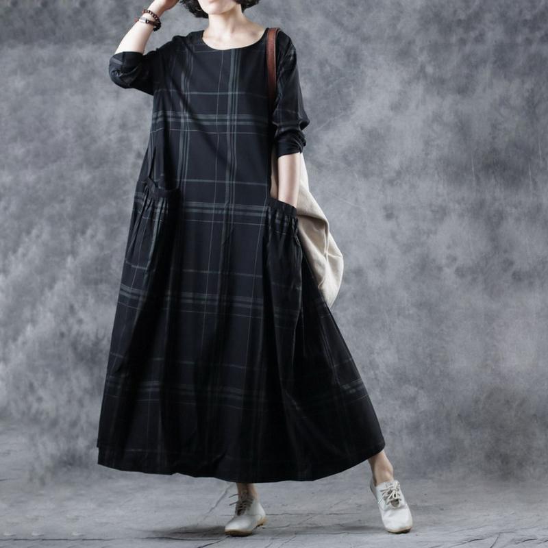 Literary Travel Striped Plaid Maxi Long Sleeve Dress