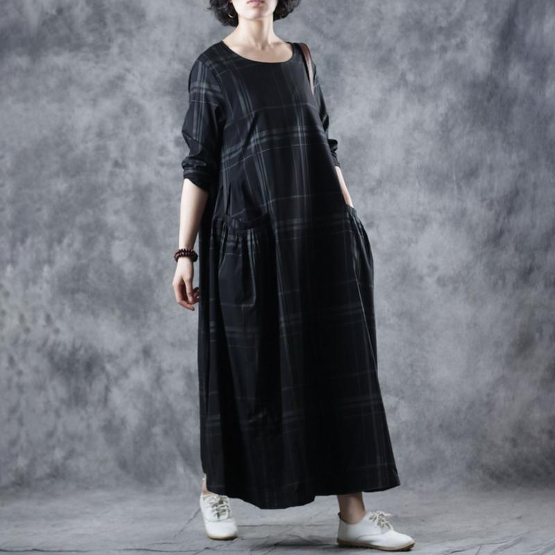 Literary Travel Striped Plaid Maxi Long Sleeve Dress