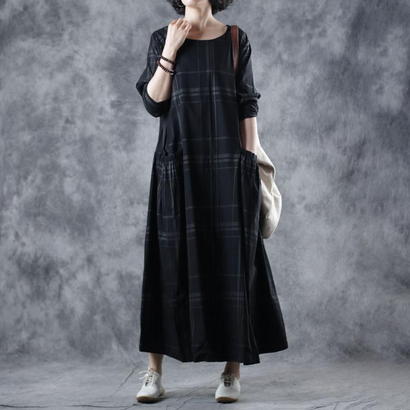 Literary Travel Striped Plaid Maxi Long Sleeve Dress