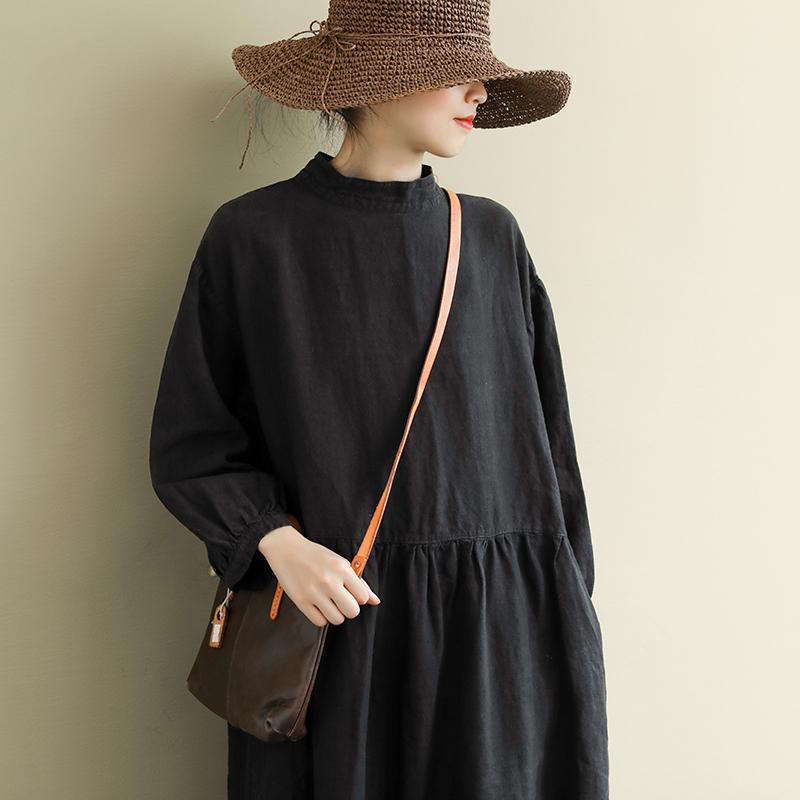 Loose Buckle Stitching Mid-Length Cotton Linen Dress