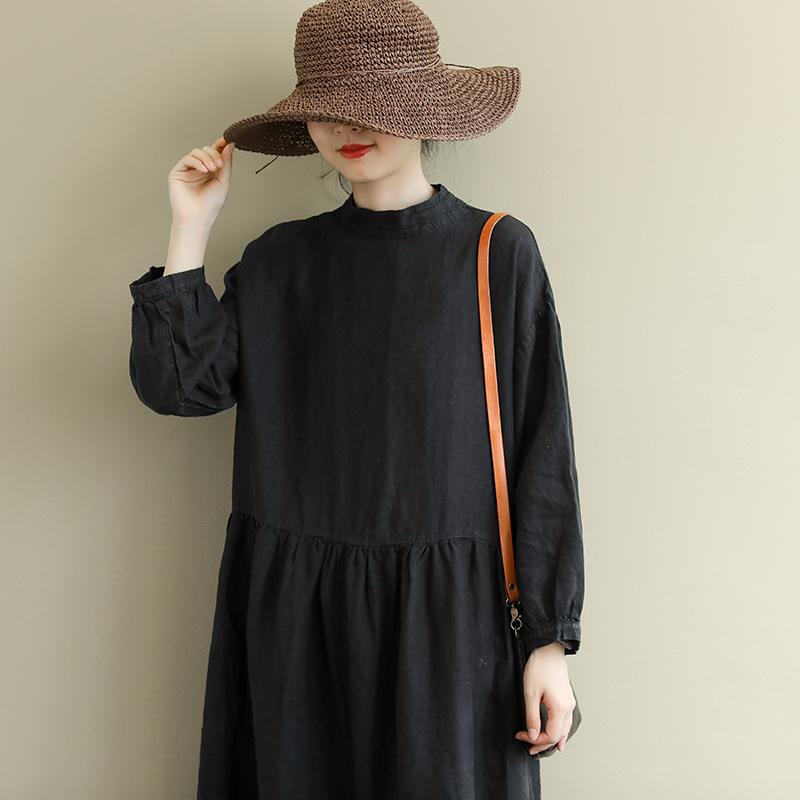 Loose Buckle Stitching Mid-Length Cotton Linen Dress