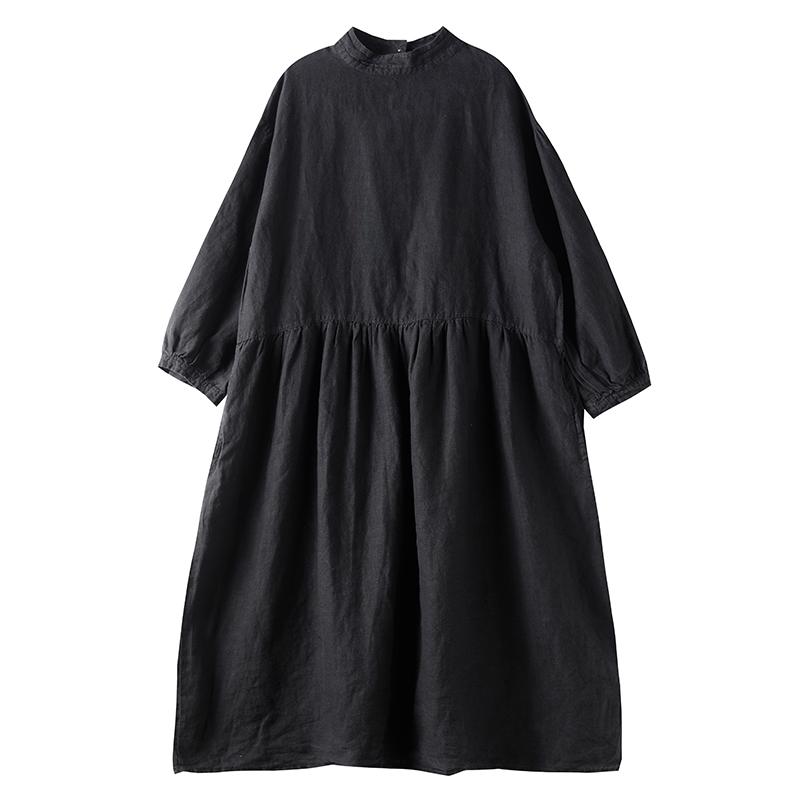 Loose Buckle Stitching Mid-Length Cotton Linen Dress