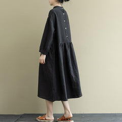 Loose Buckle Stitching Mid-Length Cotton Linen Dress