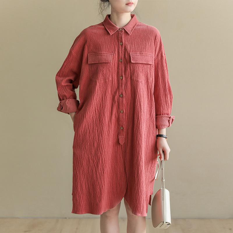 Loose Casual Bubble Cotton Linen Shirt Dress Spring