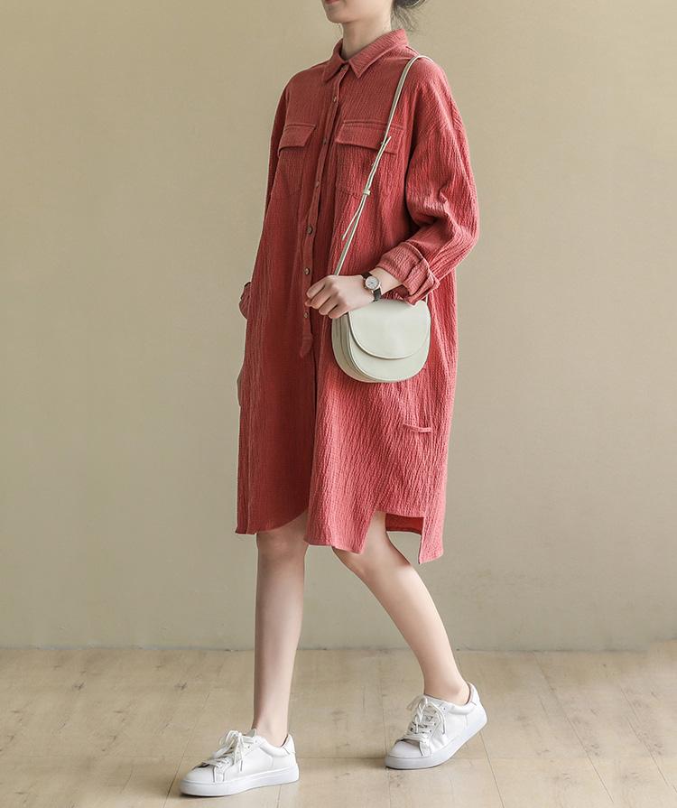 Loose Casual Bubble Cotton Linen Shirt Dress Spring