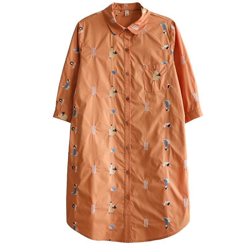 Loose Casual Embroidery Orange Mid-Length Shirt Dress