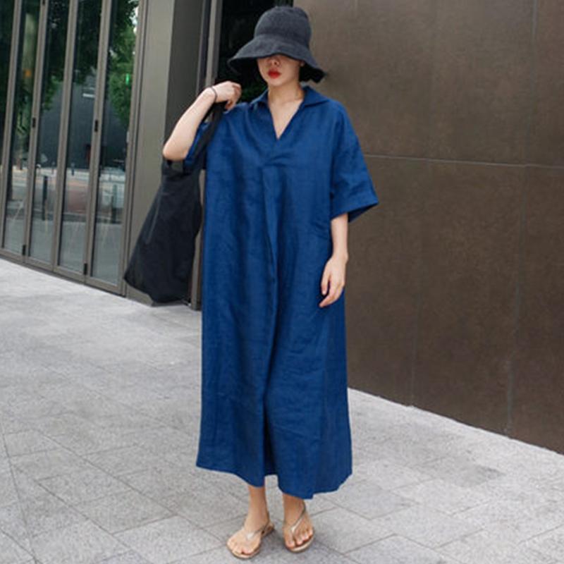 Loose Cotton And Linen Split Knee-Length Shirt Dress