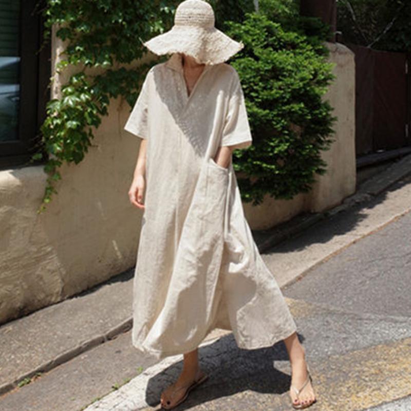 Loose Cotton And Linen Split Knee-Length Shirt Dress