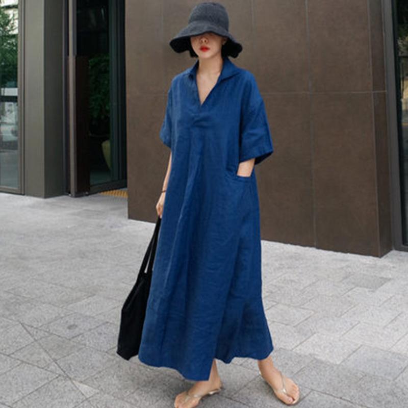 Loose Cotton And Linen Split Knee-Length Shirt Dress