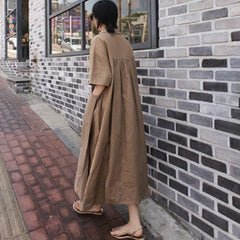 Loose Cotton And Linen Split Knee-Length Shirt Dress