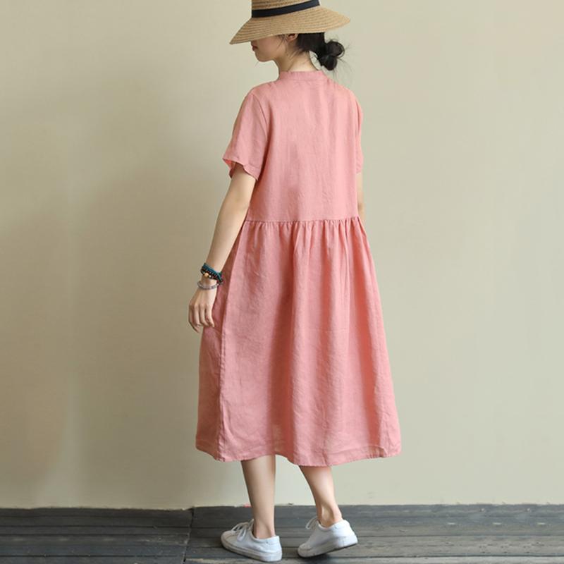 Loose Large Size Solid Stitching Short Sleeve Mid-Length Dress