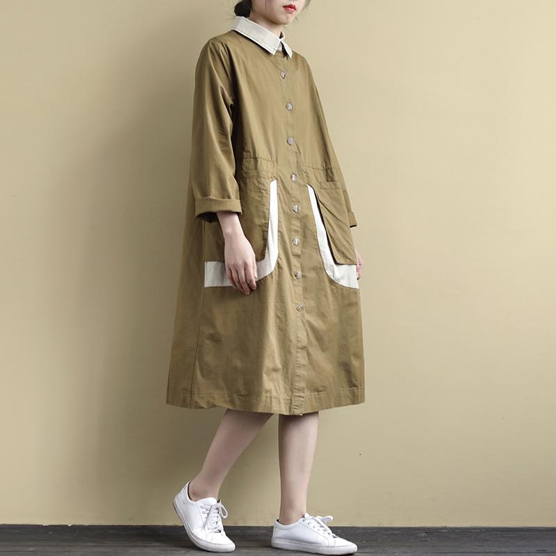 Loose Long-Sleeved Stitching Large Pockets Shirt Dress