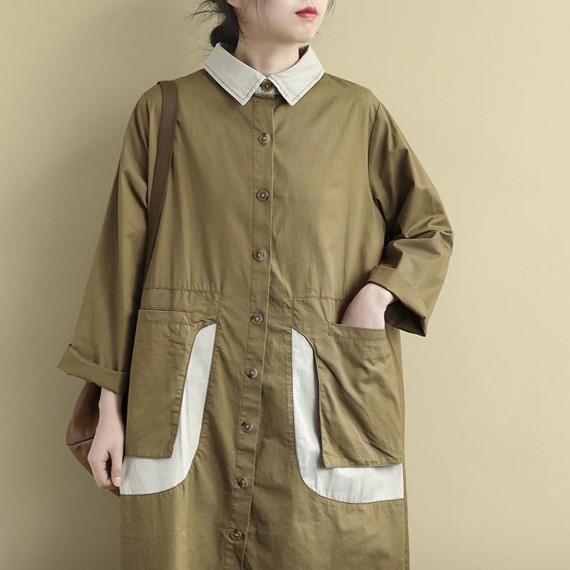 Loose Long-Sleeved Stitching Large Pockets Shirt Dress