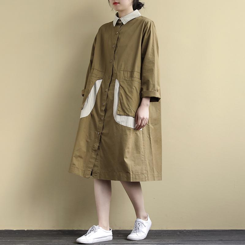 Loose Long-Sleeved Stitching Large Pockets Shirt Dress