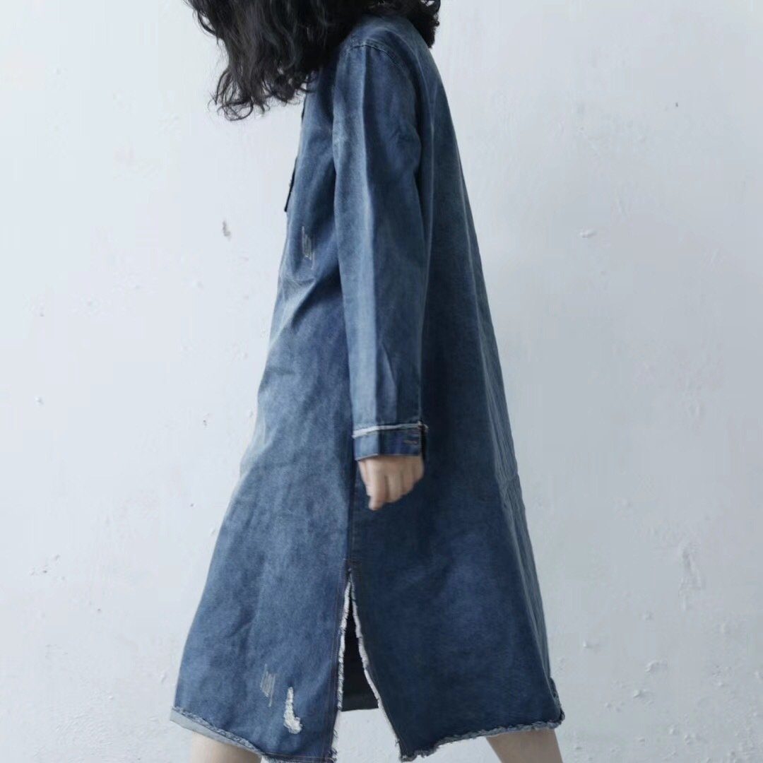 Loose Raw Edge Split Denim Dress