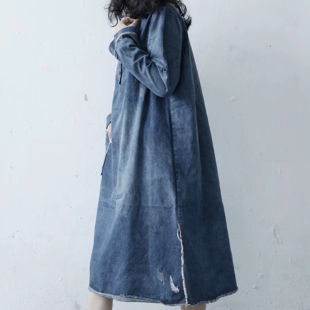 Loose Raw Edge Split Denim Dress