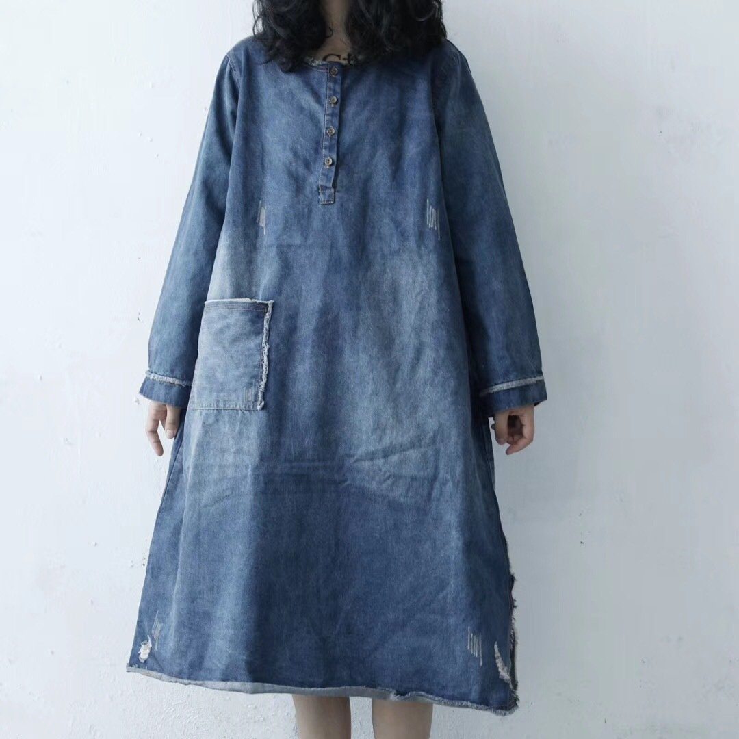 Loose Raw Edge Split Denim Dress