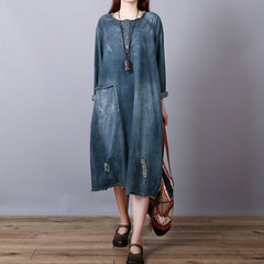 Loose Retro Cotton Denim Ripped Midi Dress