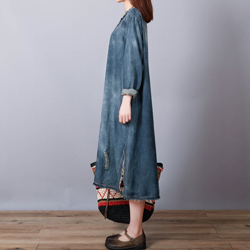 Loose Retro Cotton Denim Ripped Midi Dress