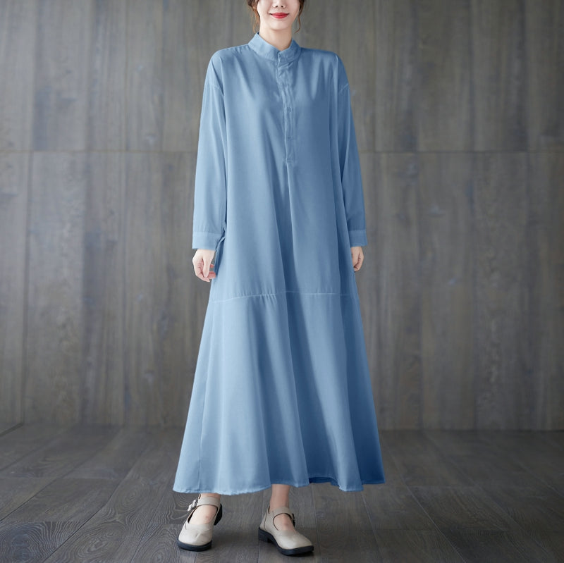 Loose Solid Long Sleeve Cotton Dress