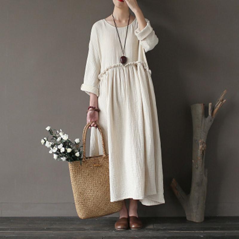 Loose Spring Cotton Linen Summer Long Sleeve Dress