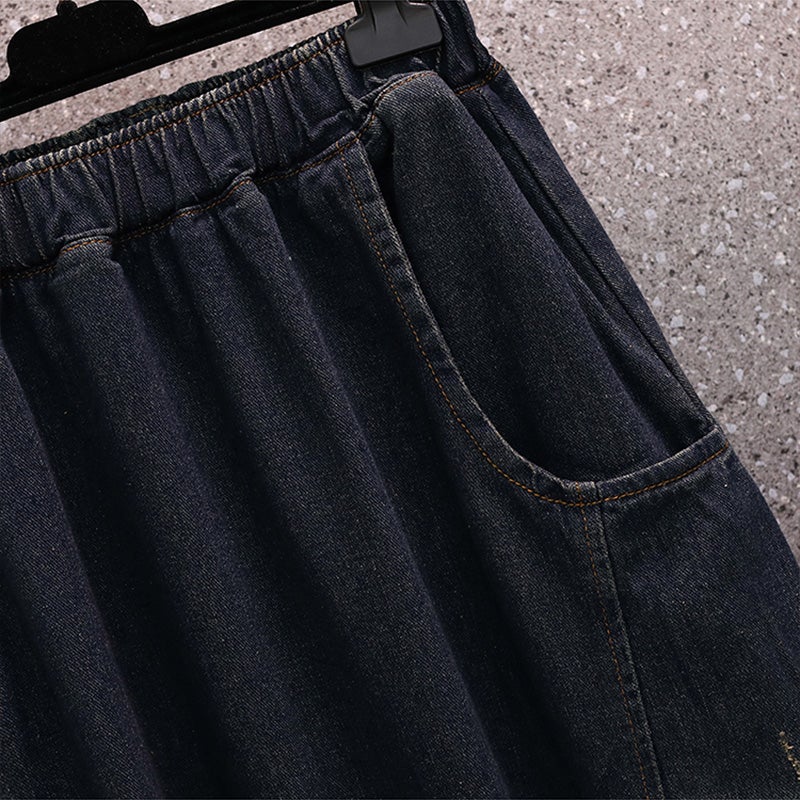 Loose Spring High Elastic Waist Denim Skirt