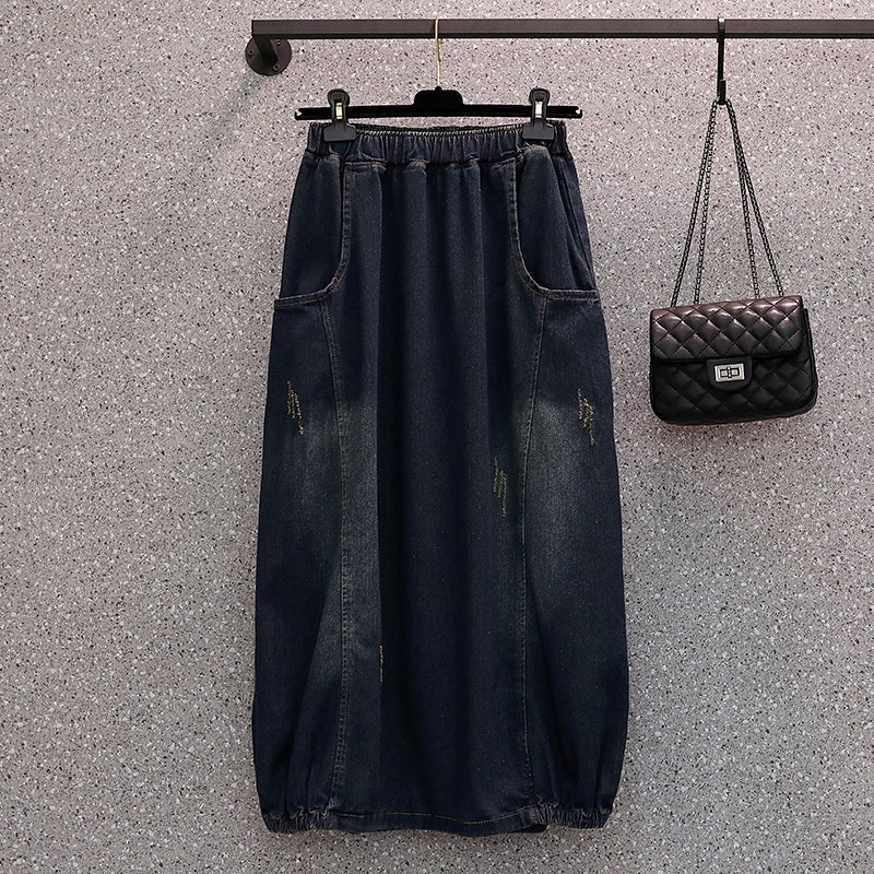 Loose Spring High Elastic Waist Denim Skirt