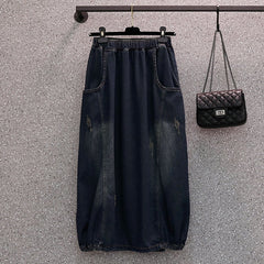 Loose Spring High Elastic Waist Denim Skirt