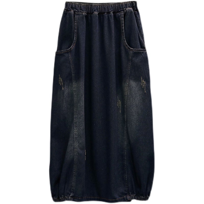 Loose Spring High Elastic Waist Denim Skirt