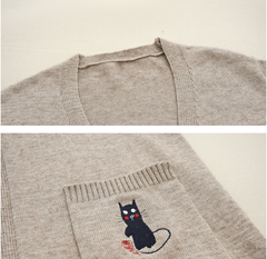 Lose Strickjacke mit Kawaii-Katzen- und Maus-Stickerei