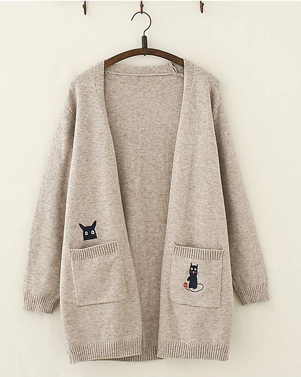 Lose Strickjacke mit Kawaii-Katzen- und Maus-Stickerei