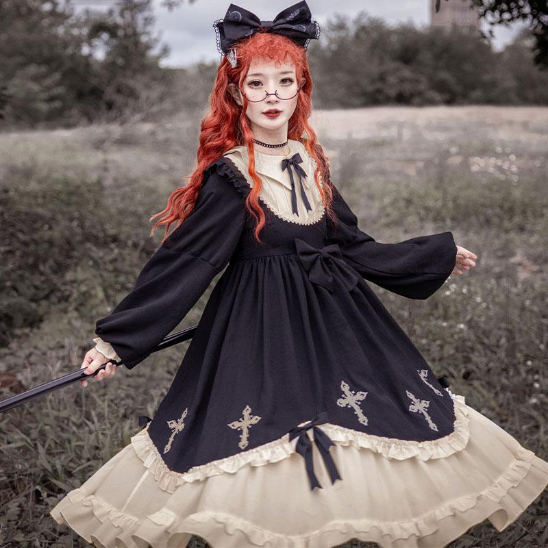 Vestido de lolita dulce con volantes y lazo cruzado