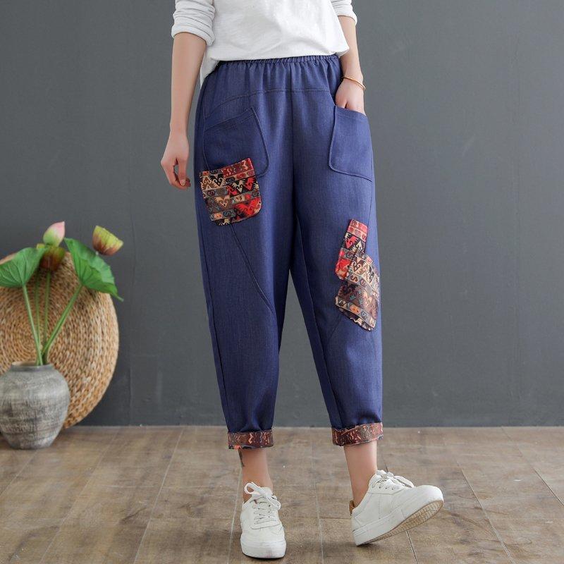 Mom's Cotton Linen Plus Size Denim Harem Pants