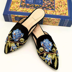 Women Flower Embroidery Mule Flats Shoes