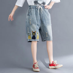 Plus Size Casual Cartoon Embroidery Denim Shorts