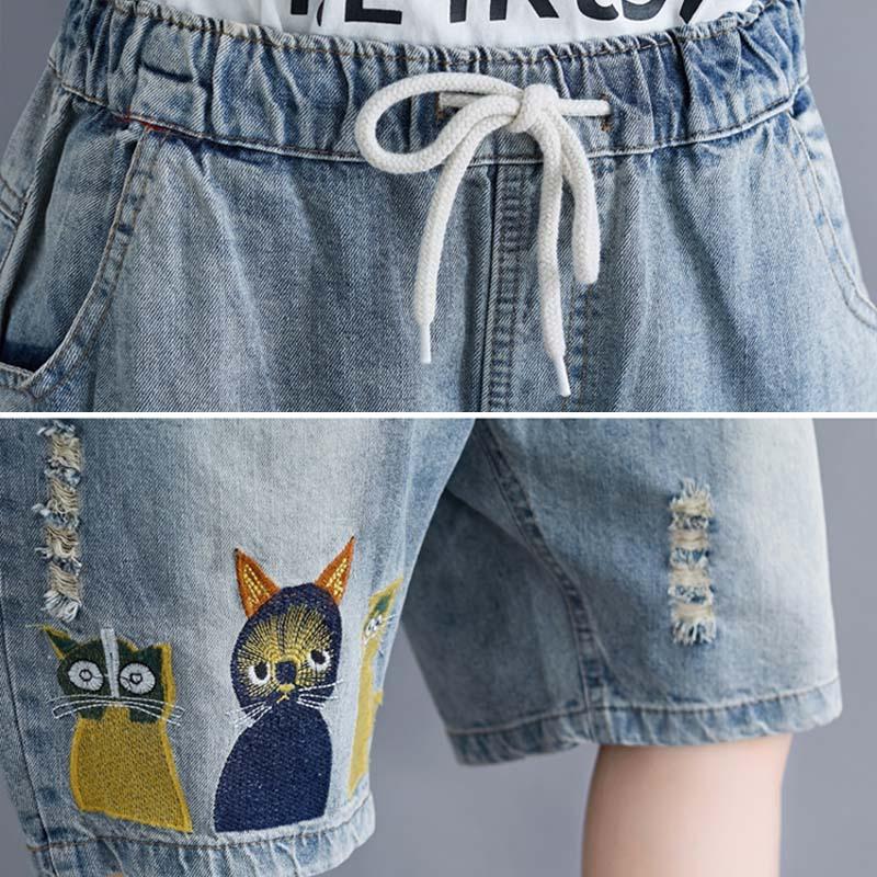 Plus Size Casual Cartoon Embroidery Denim Shorts