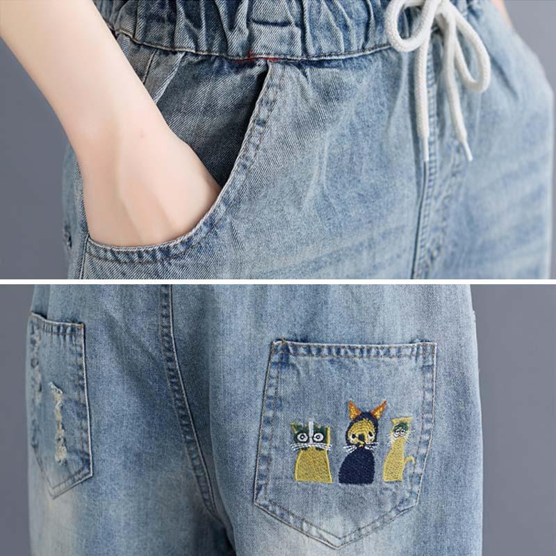 Plus Size Casual Cartoon Embroidery Denim Shorts