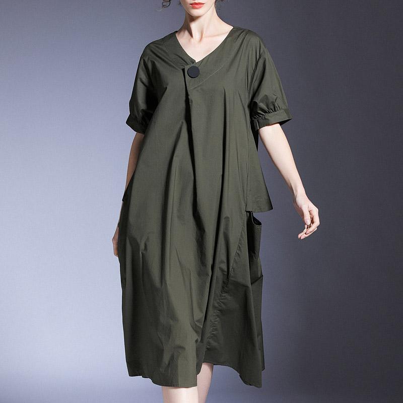 Plus Size Loose Short-sleeved V-neck Summer Cotton Dress