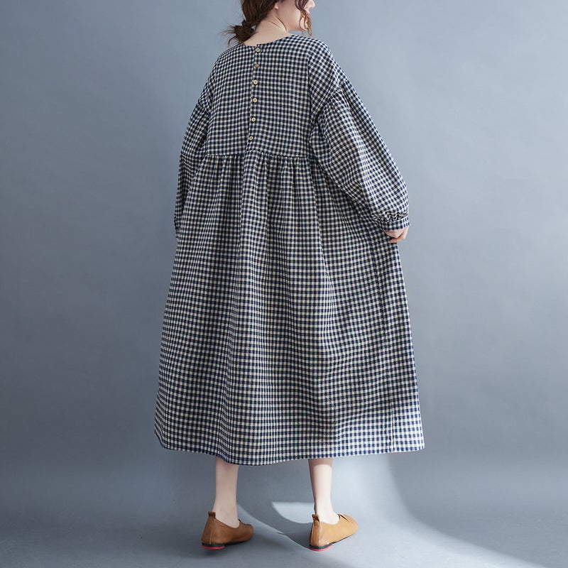 Plus Size Retro Plaid Spring Cotton Linen Dress