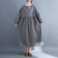 Plus Size Retro Plaid Spring Cotton Linen Dress