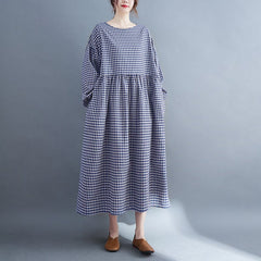 Plus Size Retro Plaid Spring Cotton Linen Dress