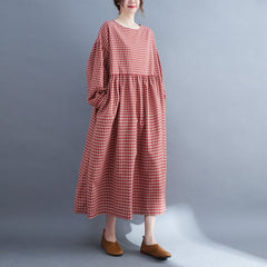 Plus Size Retro Plaid Spring Cotton Linen Dress