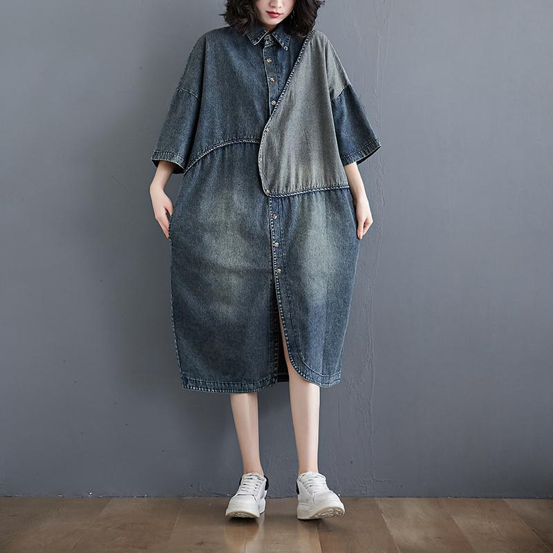 Plus Size Retro Short-sleeve Loose Denim Shirt Dress