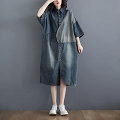 Plus Size Retro Short-sleeve Loose Denim Shirt Dress