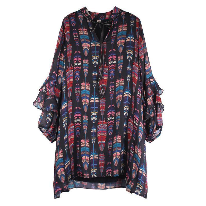 Plus Size Ruffle Sleeve Lacing Printing Long Sleeve Dress